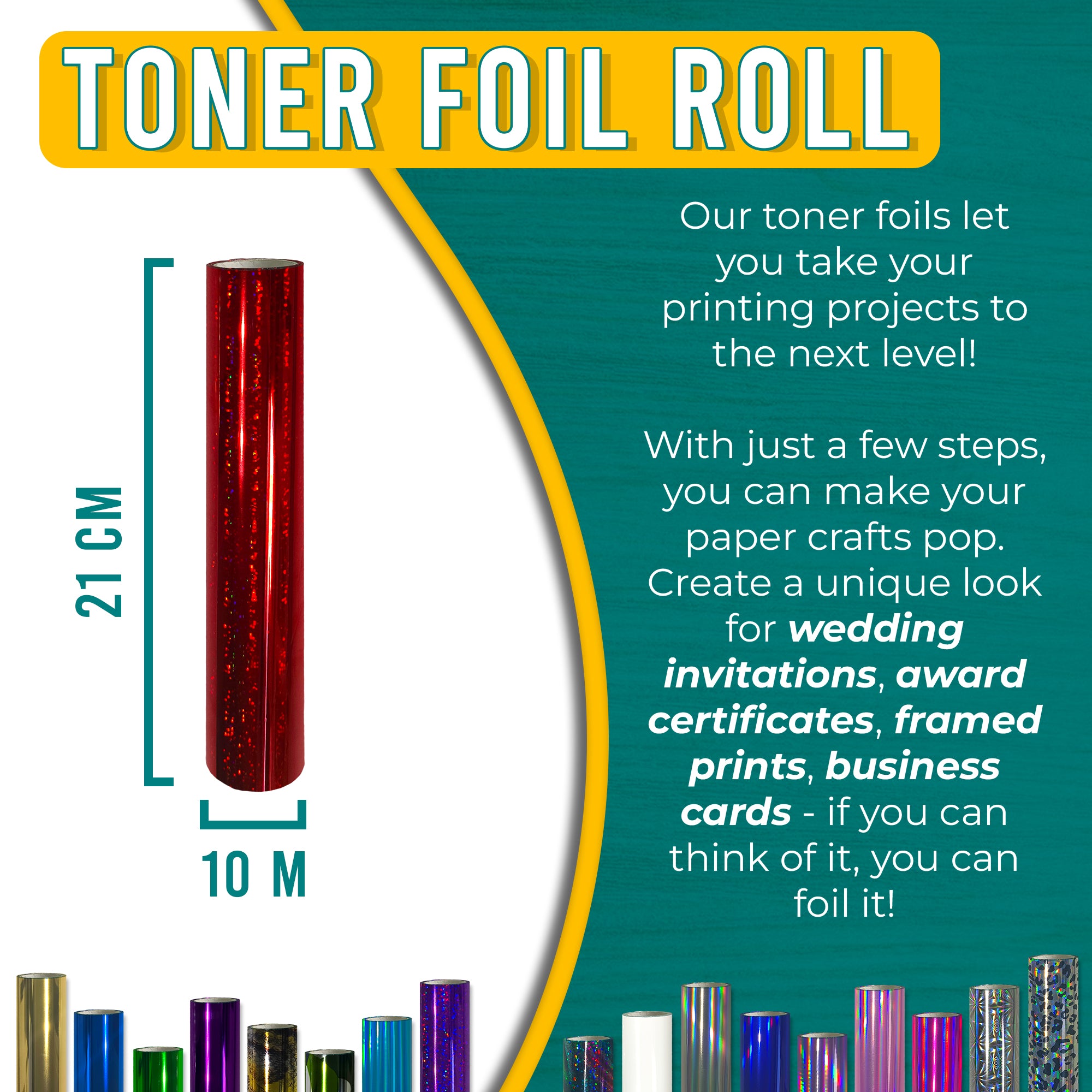 Glitter Red toner foil 21 cm × 10 m for wedding invitations, certificates, framed prints & business cards—laser-toner reactive.
