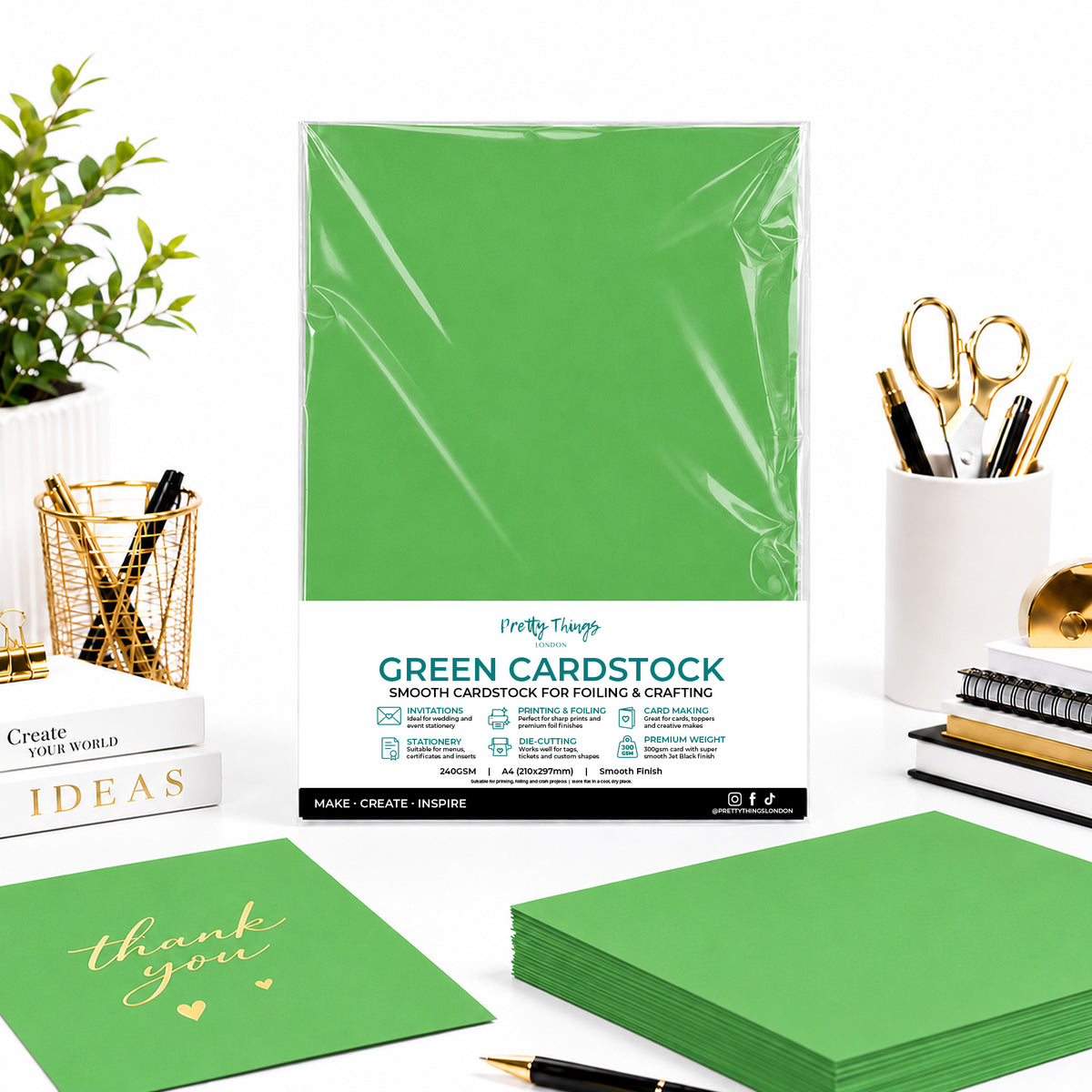 A4 smooth green cardstock sheets, 240gsm, for toner foiling and paper crafts.