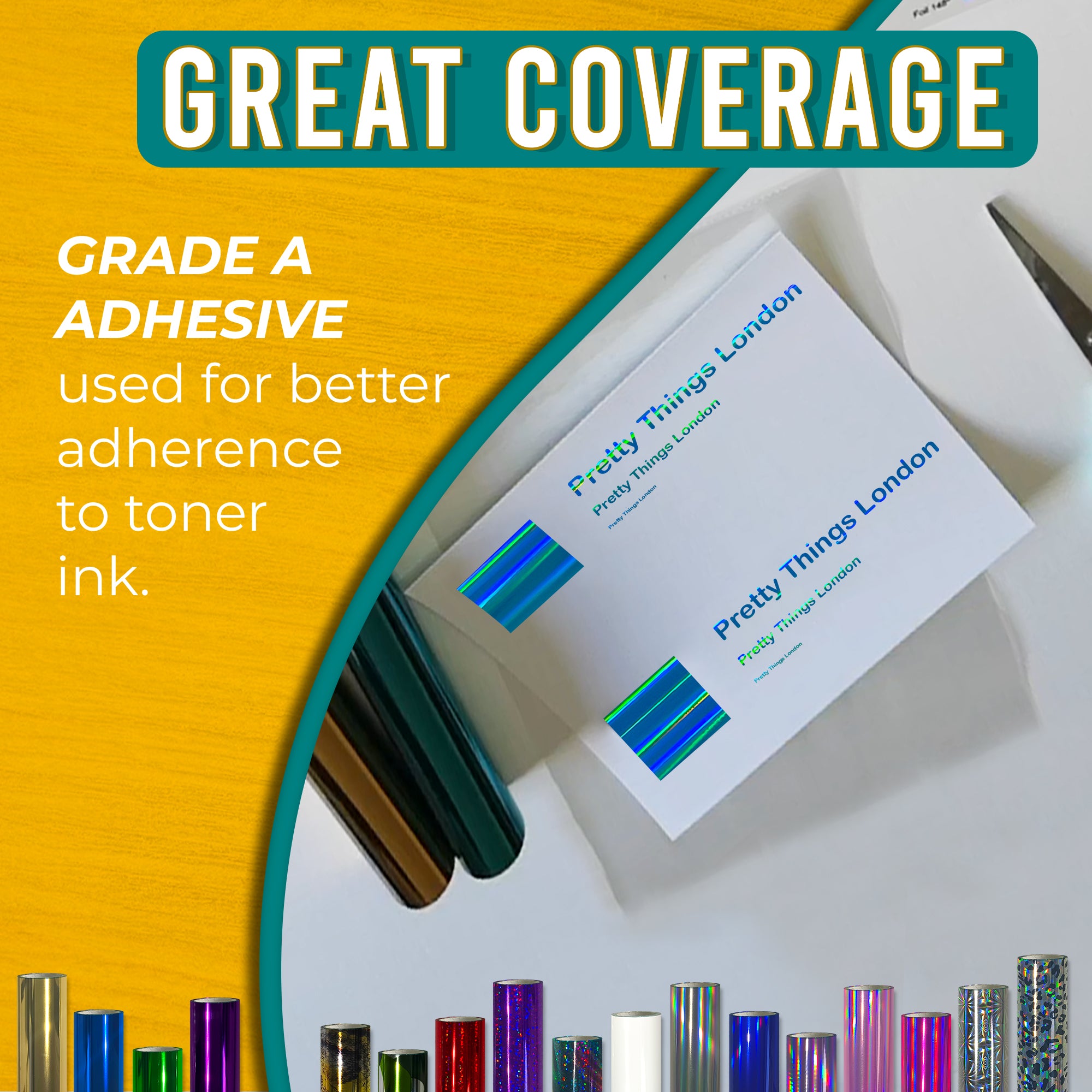 Grade-A adhesive Holographic Aqua toner foil showing crisp, solid coverage on business cards—reliable transfer to toner ink