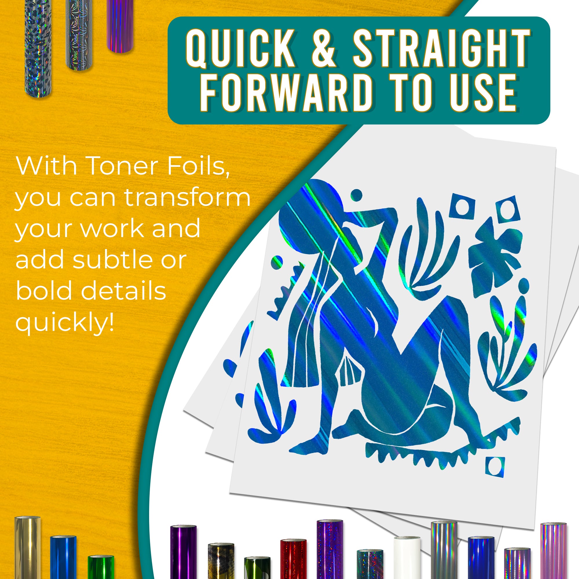 Holographic Aqua toner foil example print, smooth, bold coverage on silhouette artwork; quick, straightforward foiling results