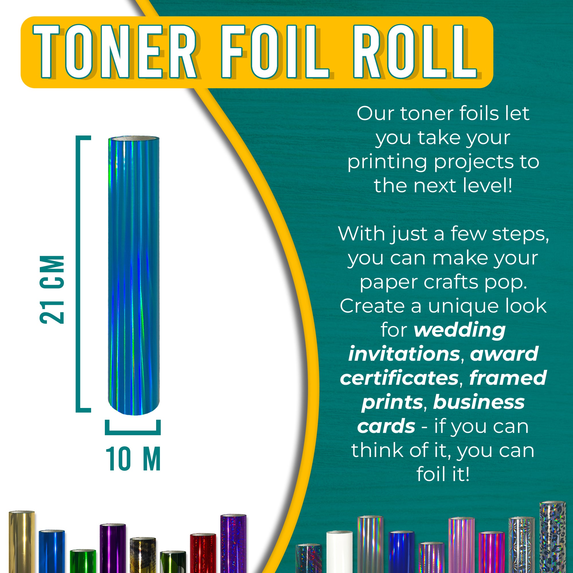 Holographic Aqua toner foil 21 cm × 10 m for wedding invitations, certificates, framed prints & business cards—laser-toner reactive.