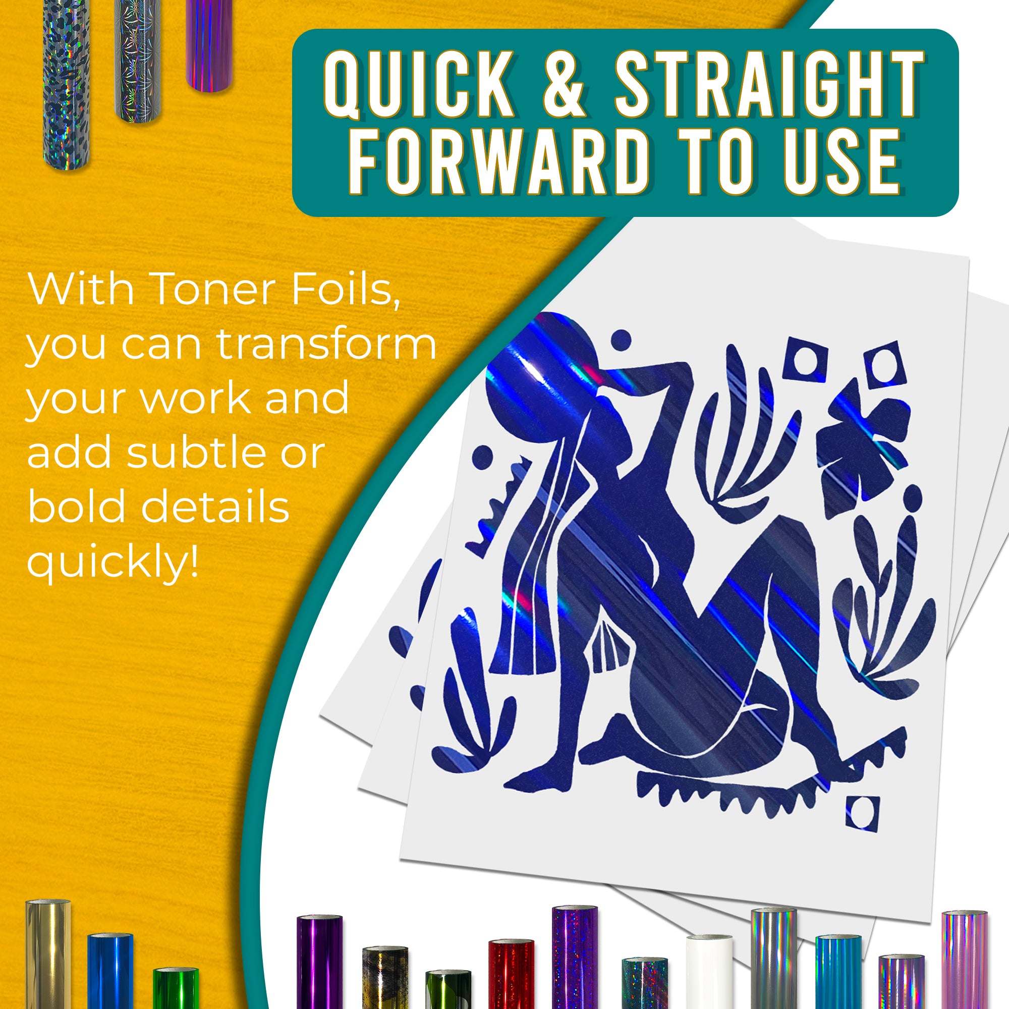 Holographic Blue toner foil example print, smooth, bold coverage on silhouette artwork; quick, straightforward foiling results