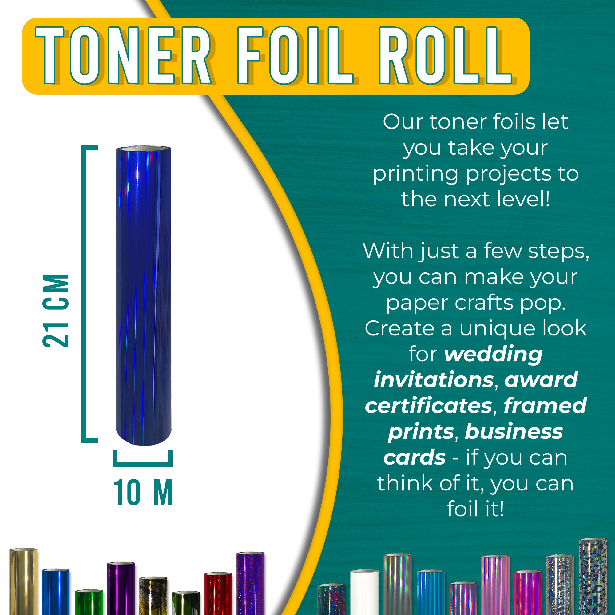 Holograhic Blue toner foil 21 cm × 10 m for wedding invitations, certificates, framed prints & business cards—laser-toner reactive.