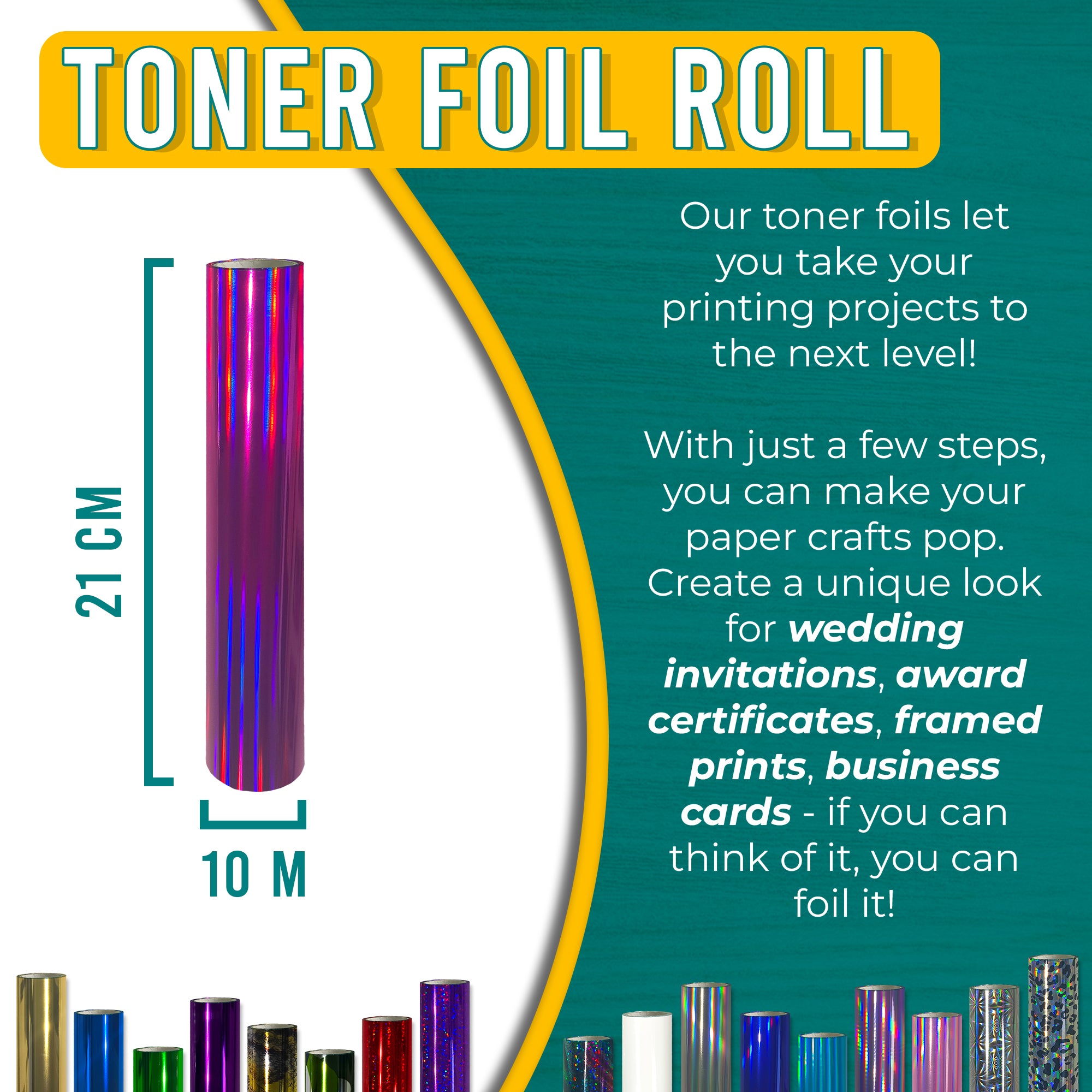 Holographic Fuchsia toner foil 21 cm × 10 m for wedding invitations, certificates, framed prints & business cards—laser-toner reactive.