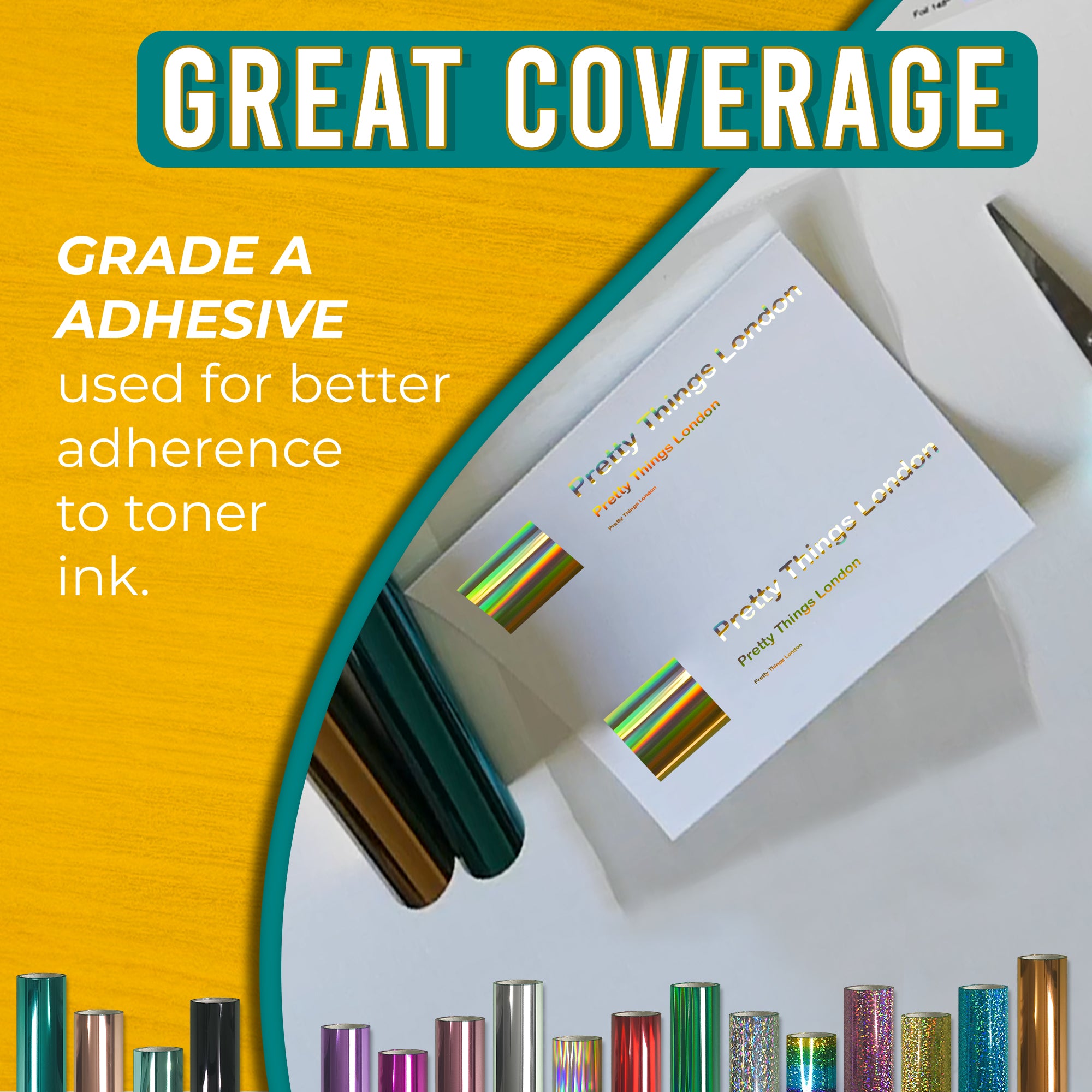 Grade-A adhesive Holographic Gold toner foil showing crisp, solid coverage on business cards—reliable transfer to toner ink