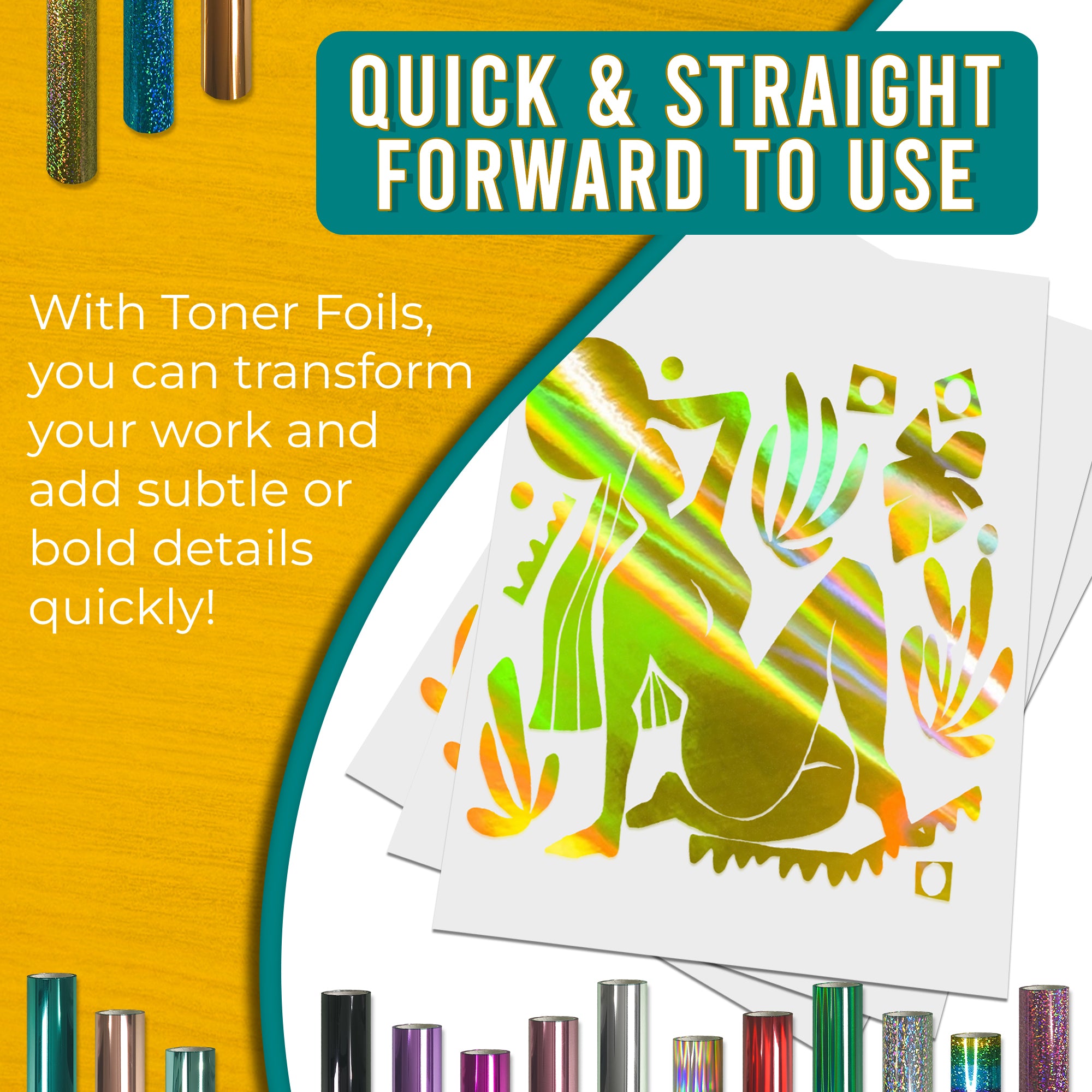 Holographic Gold toner foil example print, smooth, bold coverage on silhouette artwork; quick, straightforward foiling results