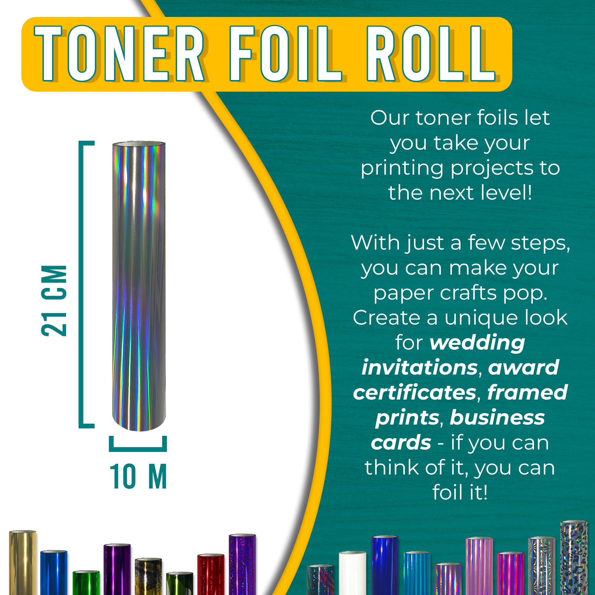 Holographic Silver toner foil 21 cm × 10 m for wedding invitations, certificates, framed prints & business cards—laser-toner reactive.