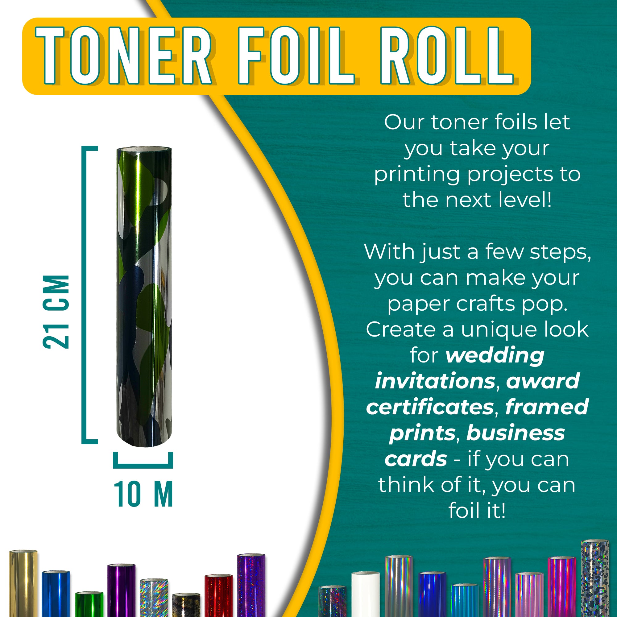 Metallic Camo toner foil 21 cm × 10 m for wedding invitations, certificates, framed prints & business cards—laser-toner reactive.
