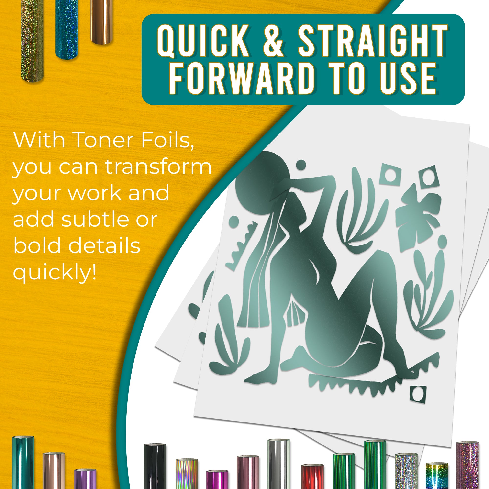 Mint toner foil sample - smooth, glossy coverage on artwork; quick, straightforward foiling results