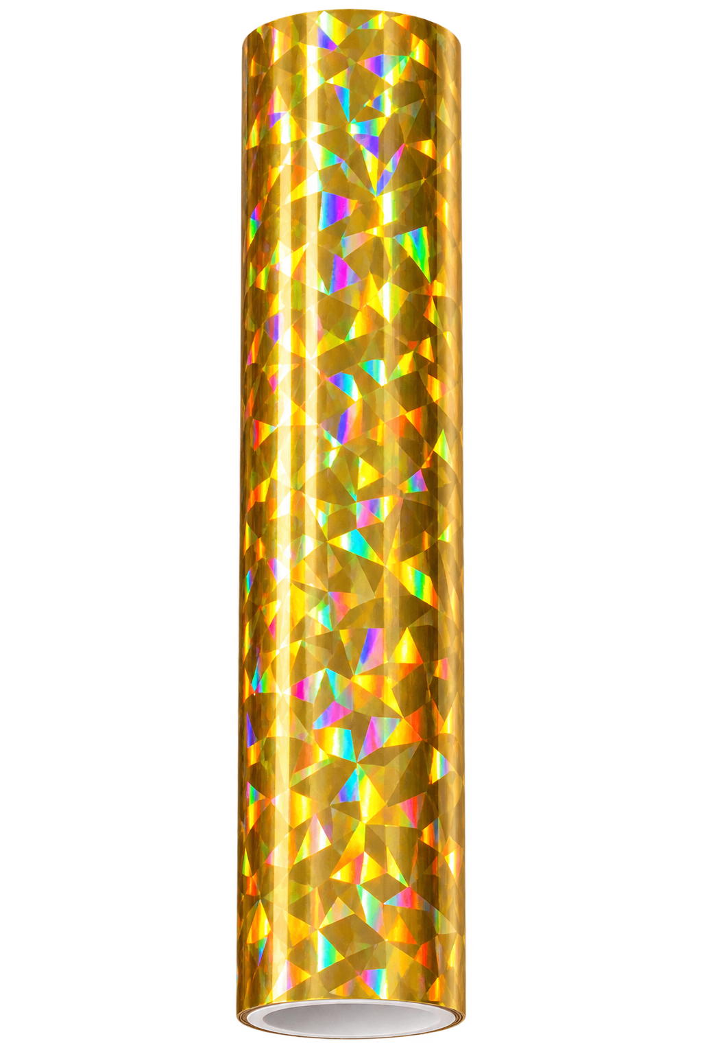 Prism Gold toner foil roll with a faceted geometric pattern and holographic rainbow reflections