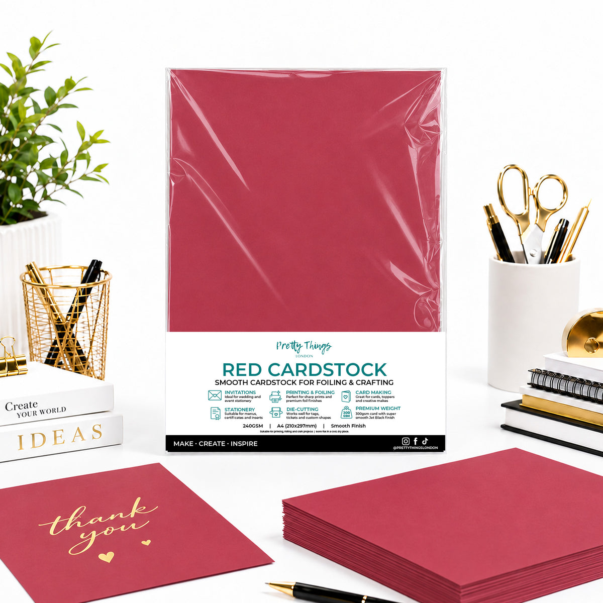 A4 smooth red cardstock sheets, 240gsm, for toner foiling and paper crafts.