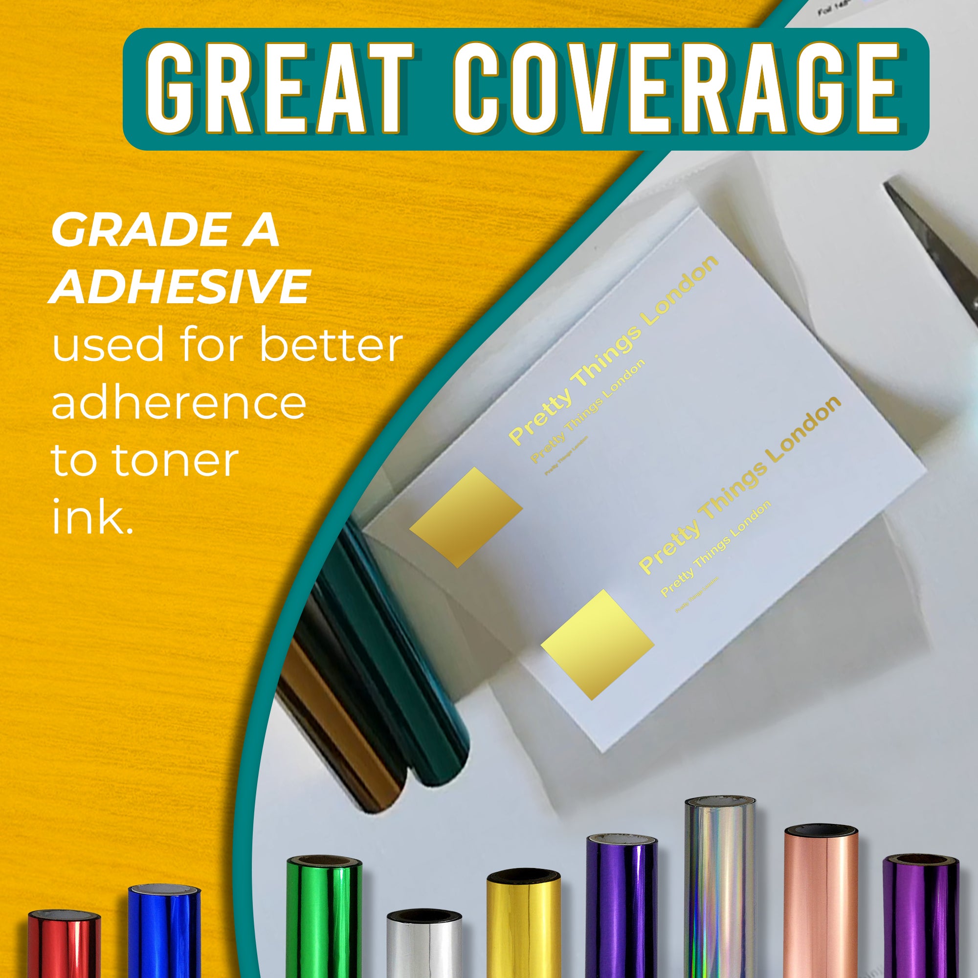 Graphic highlighting the excellent coverage of the large gold toner foil using Grade A adhesive for optimal adherence to toner ink. Includes an image of a business card with luxurious gold foil accents.