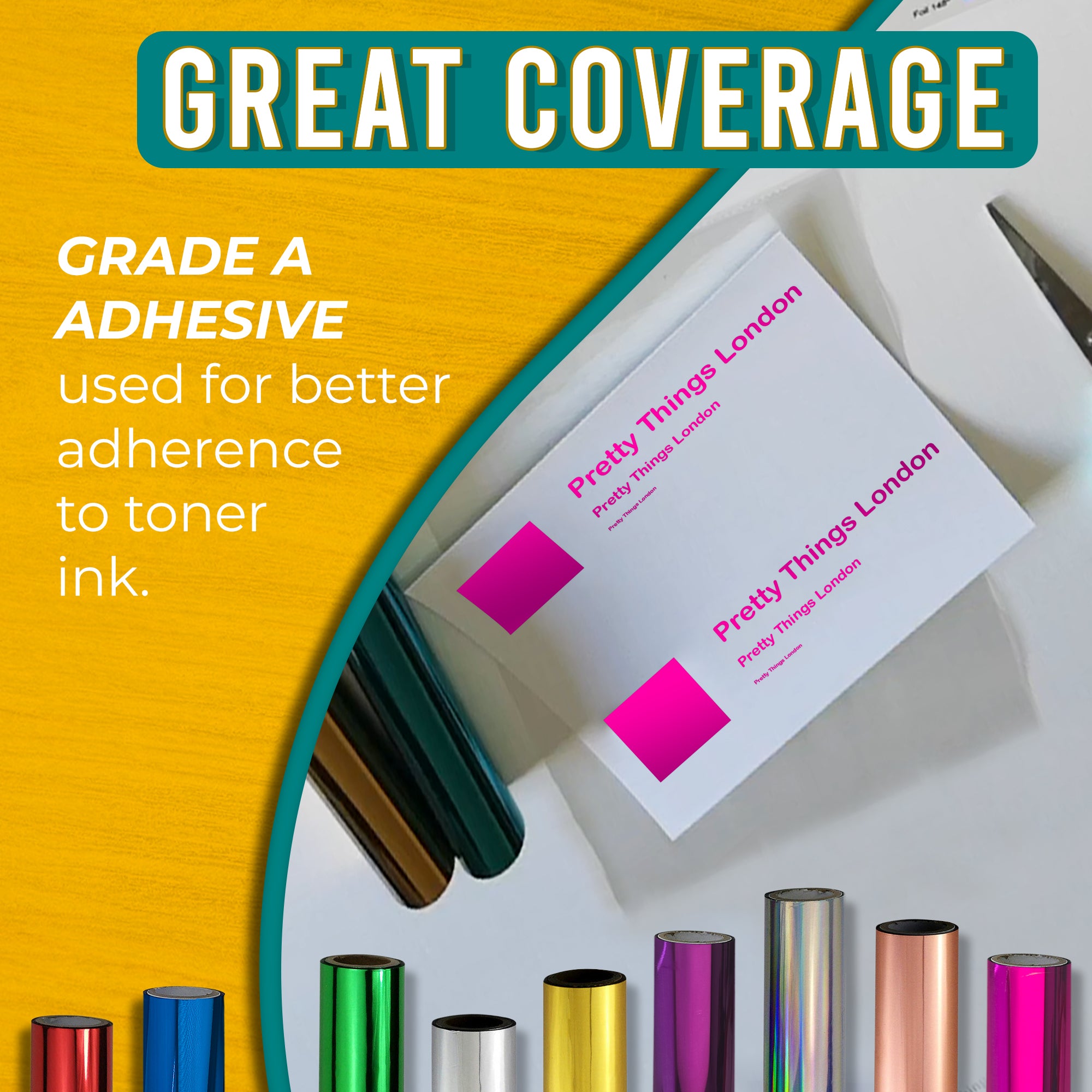 Graphic highlighting the excellent coverage of bright pink toner foil using Grade A adhesive for strong adherence to toner ink. Includes an image of a business card with striking bright pink foil accents.