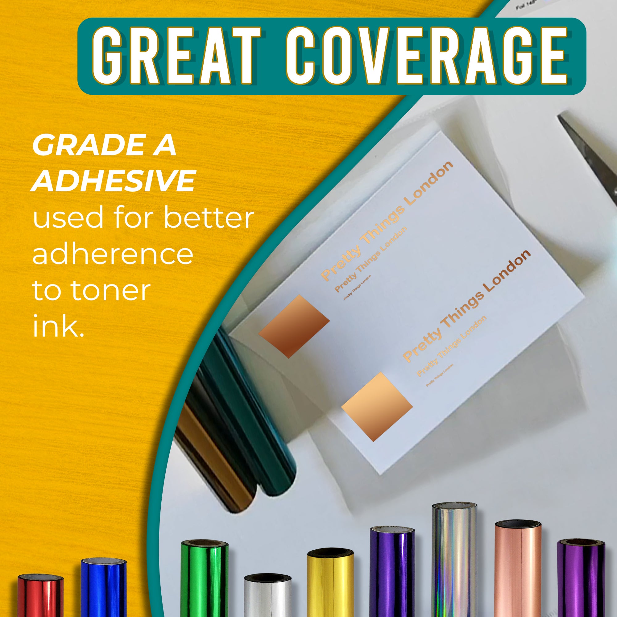 Graphic highlighting the excellent coverage of copper toner foil using Grade A adhesive for strong adherence to toner ink. Includes an image of a business card with elegant copper foil accents.