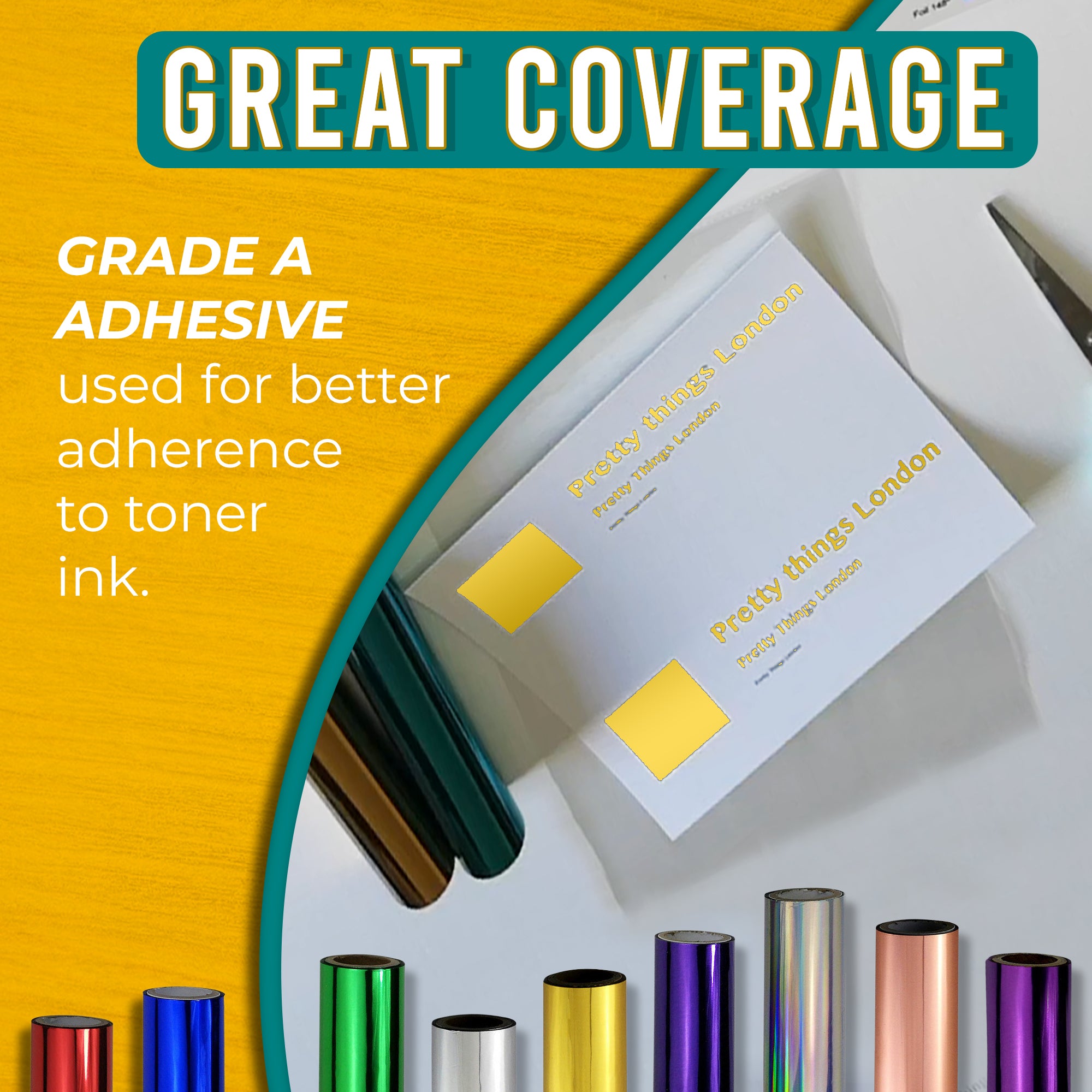 Graphic highlighting the excellent coverage of copper toner foil using Grade A adhesive for strong adherence to toner ink. Includes an image of a business card with elegant copper foil accents.