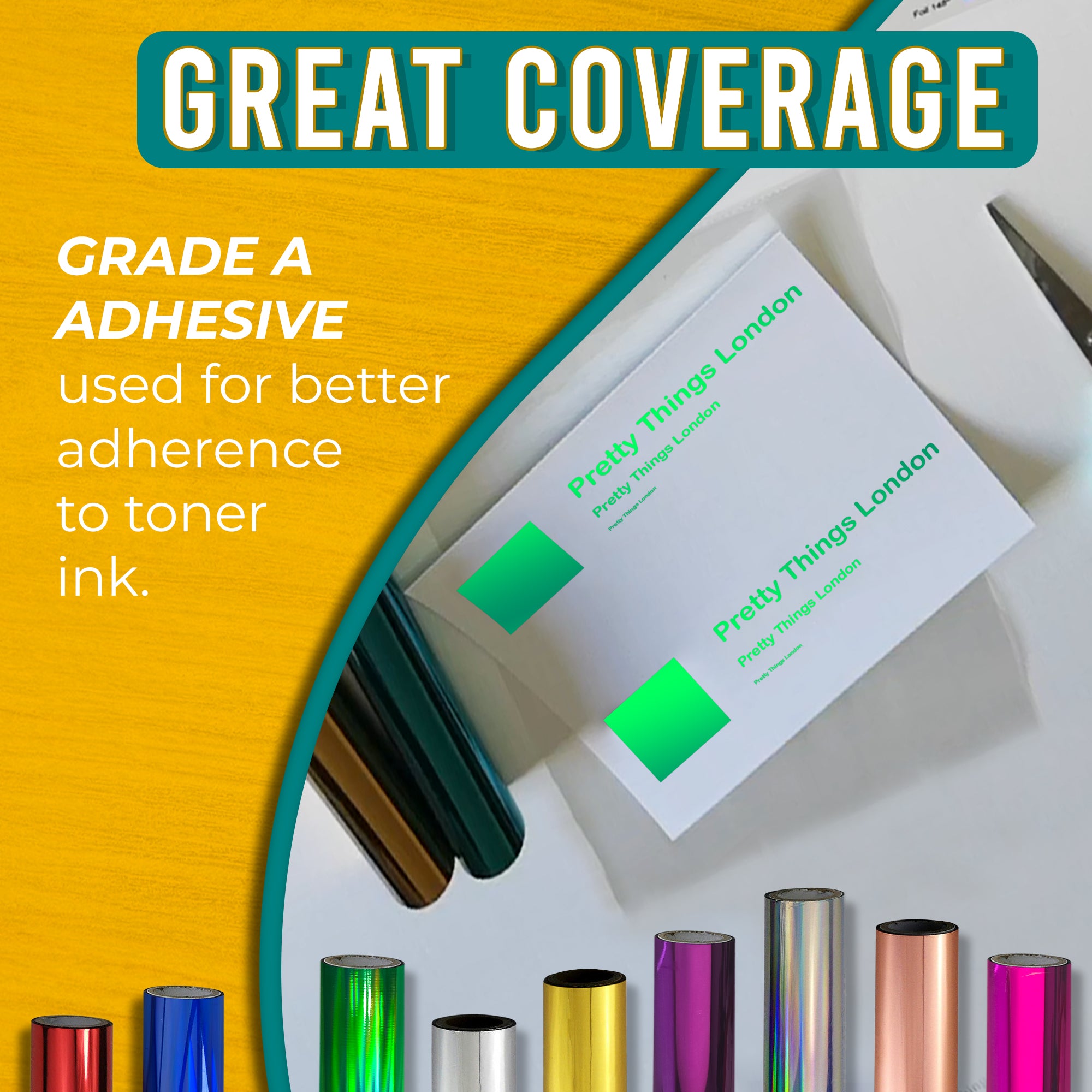 Graphic highlighting the excellent coverage of holographic green toner foil using Grade A adhesive for strong adherence to toner ink. Includes an image of a business card with striking holographic green foil accents.