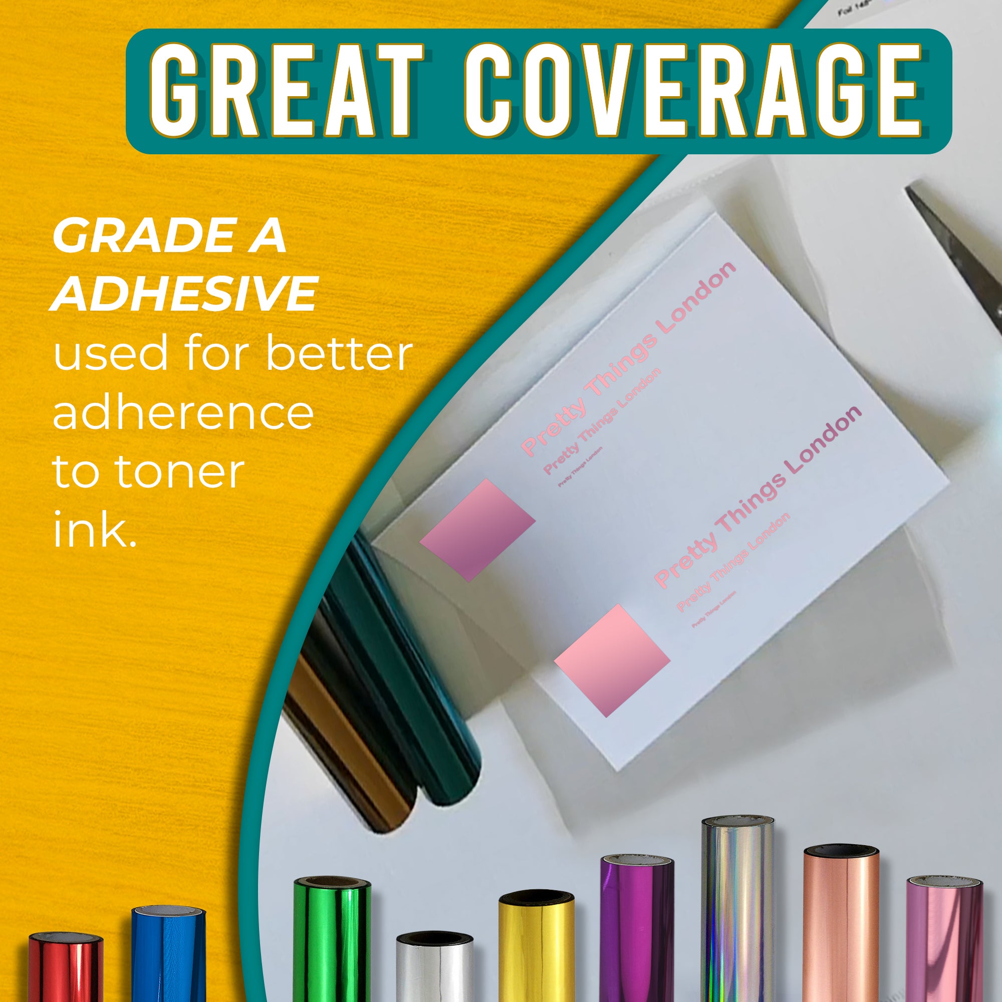 Graphic highlighting the excellent coverage of pale pink toner foil using Grade A adhesive for strong adherence to toner ink. Includes an image of a business card with striking pale pink foil accents.