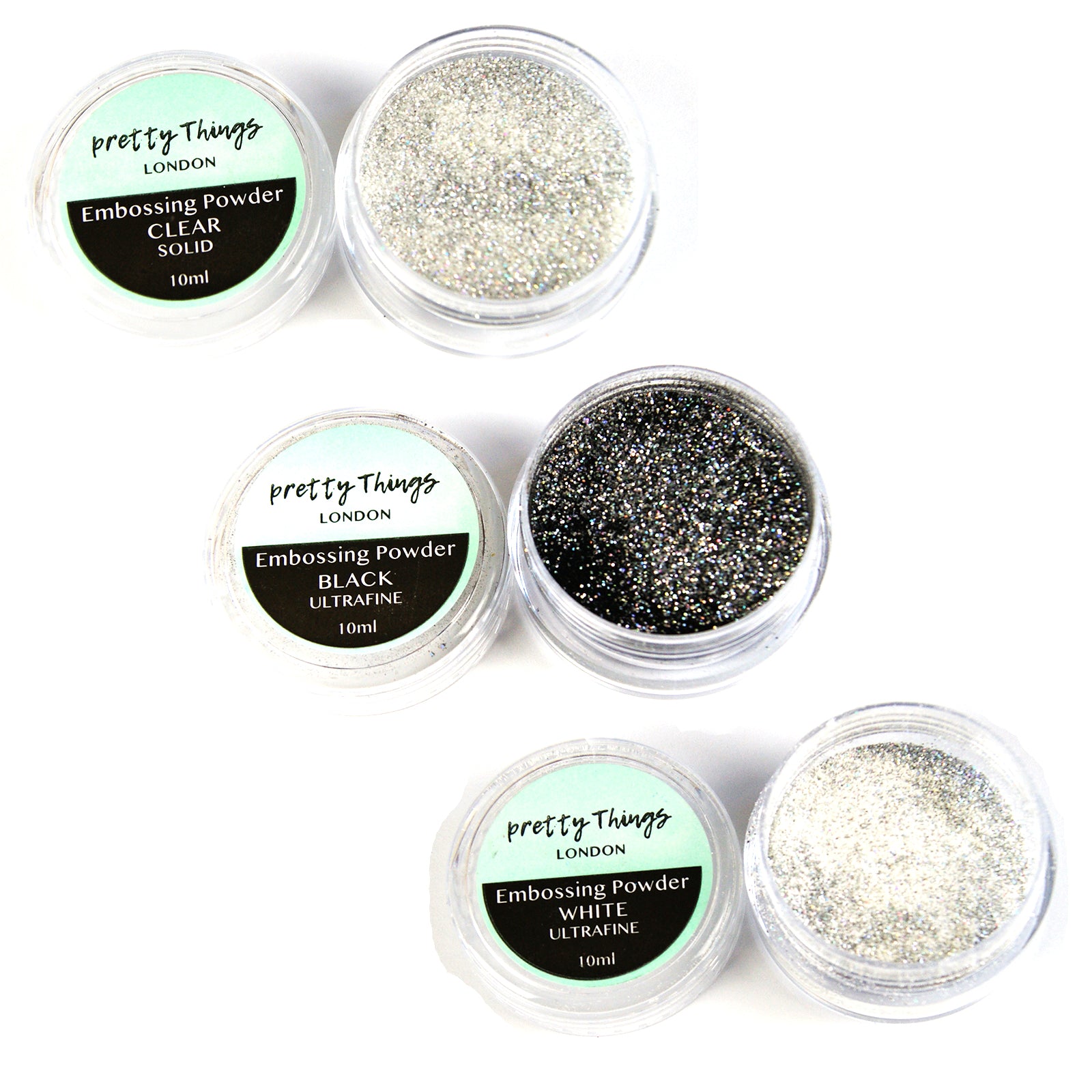 Glitter embossing powder set of 3 colours, clear, black and white