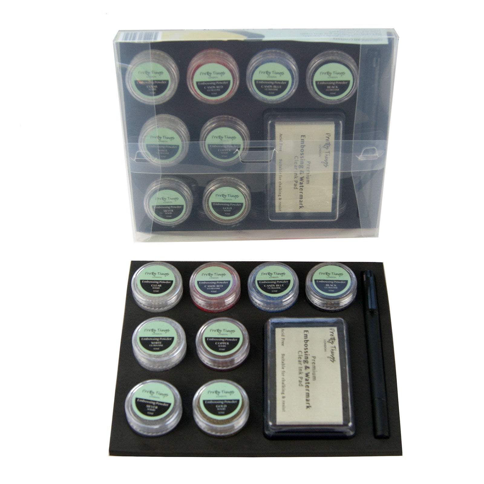 Embossing powder set: Includes 8 colours, 1 clear stamp pad and 1 embossing pen